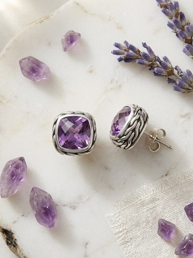 John Hardy Sterling Silver Amethyst Stud Earrings  Brand New With Tags